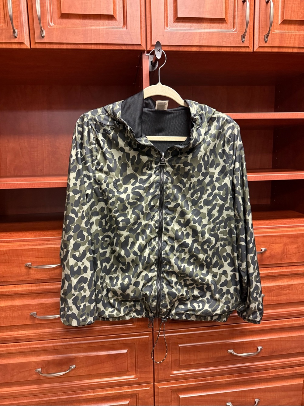 PINK Green & Black Cheetah Hooded Windbreaker/Jacket (oversized XS)